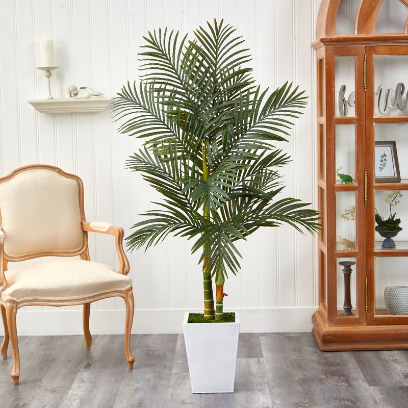 Nearly Natural 5.5-ft Golden Cane Artificial Palm Tree in White Metal Planter, 3 of 5