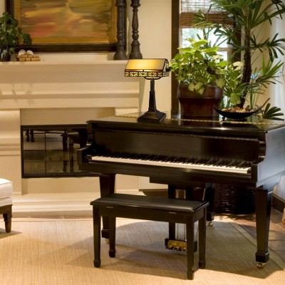 16-Inch Black Metal Bankers Desk Lamp with Stained Glass Shade