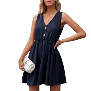 Anna-Kaci Women's Sleeveless Mini Dress with V-Neckline Front Buttons and Elastic Waist - 1 of 4