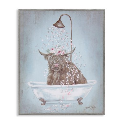 Stupell Industries Charming Longhorn Cattle Cow Bathtub Flower Petals, 14" x 11"