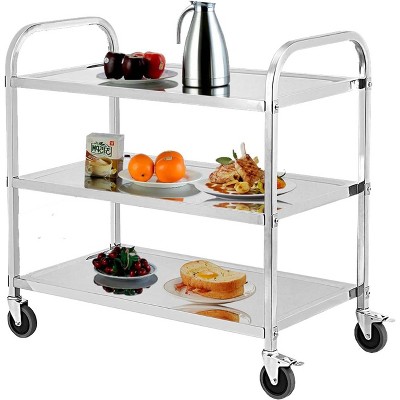 3-Tier Kitchen Serving Cart – Heavy-Duty Stainless Steel Rolling Utility Cart with 360° Swivel Wheels, Storage Trolley Handle Bar