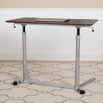 Adjustable Dark Wood Grain Sit/Stand Mobile Desk with Keyboard Tray