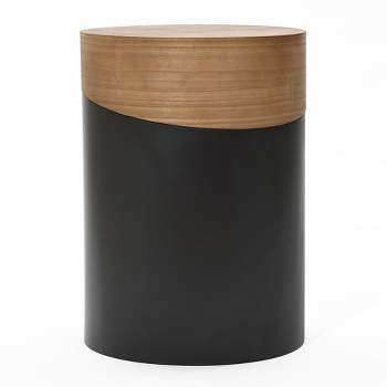 LuxenHome Natural Wood and Metal Round Accent Side Table Black