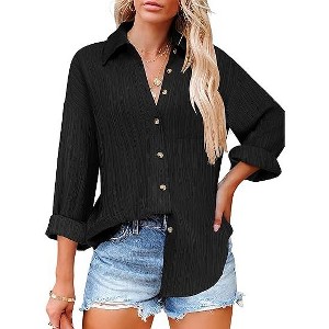 Zeagoo Womens Button Down Shirts Long Sleeve Dress Shirt Textured Collared Work Blouse Dressy Casual Tops with Pocket - 1 of 4