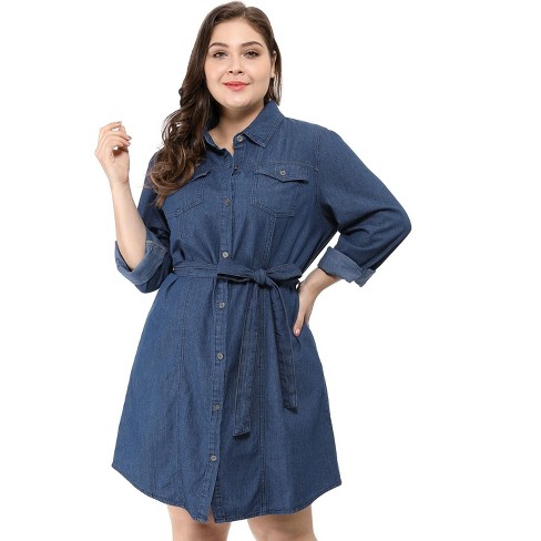 Agnes Orinda Women's Plus Size Belt Waist Ruffle Hem Chambray