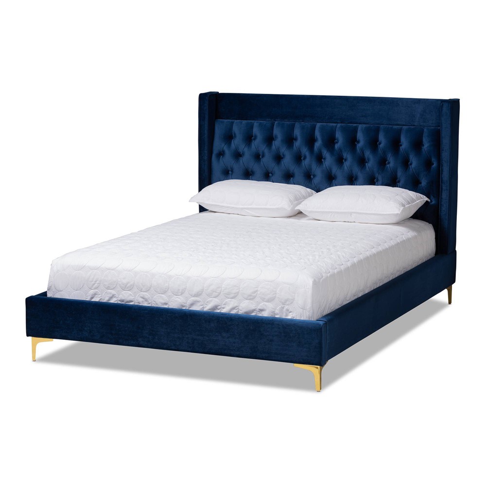 Photos - Bed Frame King Valery Velvet Platform Bed with Gold Finished Legs Blue - Baxton Stud