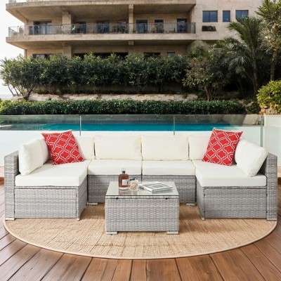 ELJGET 7PCS Patio Rattan Furniture Set Sectional Sofa Cushioned Garden Peacock Blue