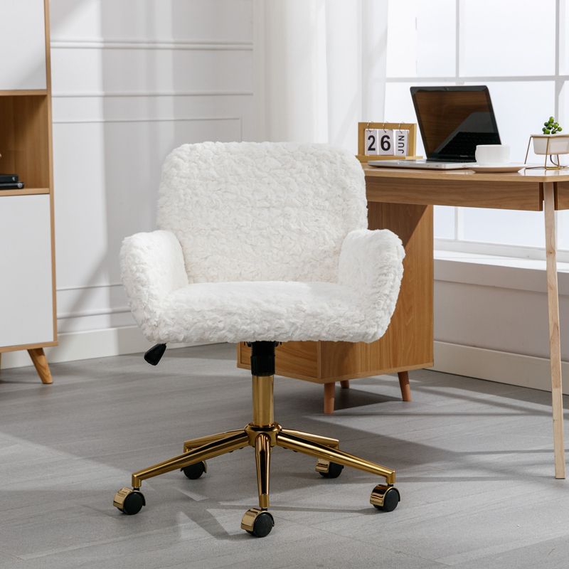 Faux Rabbit Fur Home Adjustable Office Chair with Golden Metal Base, Beige - ModernLuxe, 2 of 13