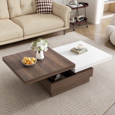 47"W Coffee Table Cocktail Table Center Table with Rotatable Top, Hidden Storage Space and Wood Grain Design, Brown+White/Black-ModernLuxe