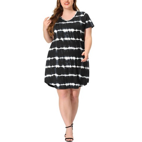 Agnes Orinda Women's Plus Size Tie Dye Trendy V Neck High Low Hem Casual  Dresses Dark Blue 1X