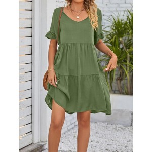 Summer Babydoll Dresses for Women 2025 Cute Ruffle Cap Sleeve V-Neck Flowy Swing Dress - 1 of 4