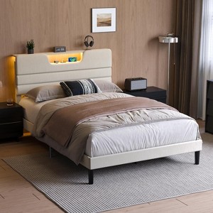 Full Bed Frame with LED Lights, Headboard with Charging Station Upholstered Platform Bedframe Metal Support No Box Spring Needed 2-Tier Storage - 1 of 4