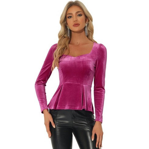 Allegra K Women's Elegant Sweetheart Neck Long Sleeve Velvet Blouse Peplum  Top Hot Pink Small : Target