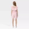 Girls Romper Flounce Squar Neck Belted Jumpsuit with Lace Trim Elastic Adjustbale Neckline Romper - 2 of 4