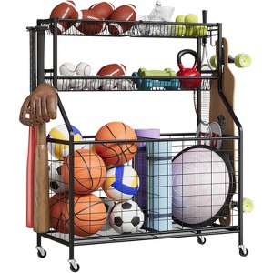 Sports Storage Organizer for Garage,Large Capacity Sports Equipment Organizer with Hooks and Baskets,Rolling Ball Cart - 1 of 4