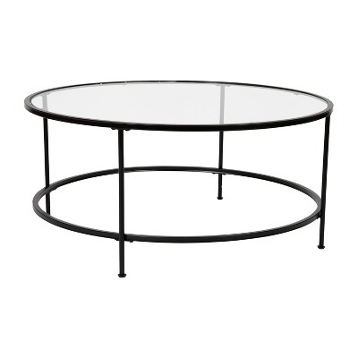 Flash Furniture Astoria Collection Round Coffee Table - Modern Clear Glass Coffee Table with Matte Black Frame