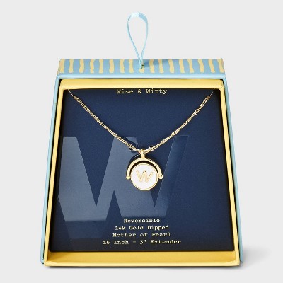 14K Gold Dipped Crystal and Mother of Pearl Circle Spinner Initial Necklace - A New Day™