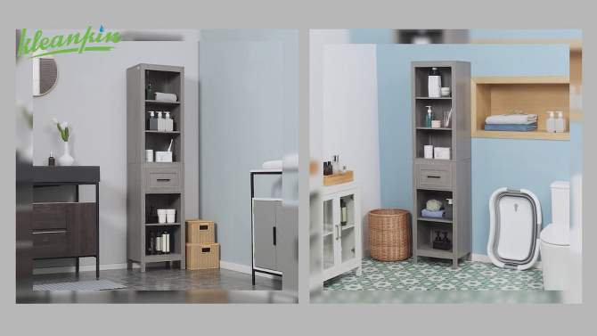 kleankin Narrow Bathroom Storage Cabinet with Drawer and 5 Tier Shelf, Tall Cupboard Freestanding Linen Towel, Slim Corner Organizer, Gray, 2 of 8, play video