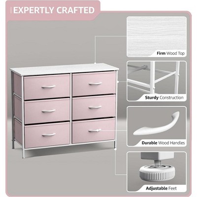 Pink 6-Drawer Fabric Dresser with Steel Frame and Wood Top