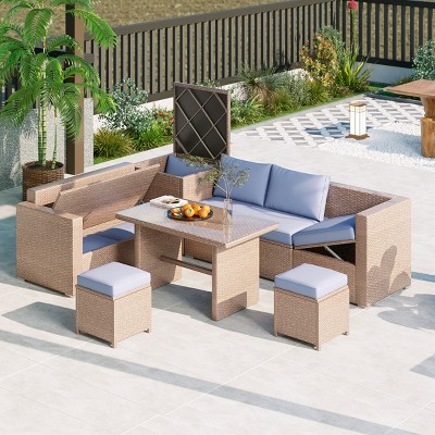 Outdoor 6 Piece Furniture Set, All Weather PE Rattan Sofa Set with Chairs and Table, PE Rattan Chairs With Cushions-Coolbibila