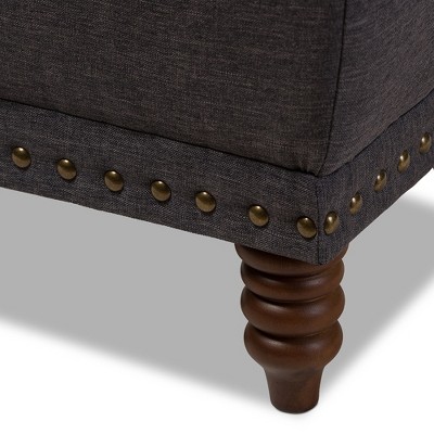 Dark Grey Fabric Upholstered Button-Tufted Storage Ottoman with Walnut Wood Legs