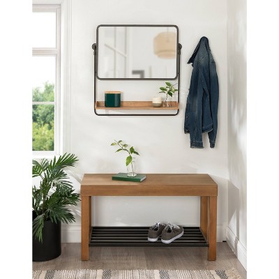 Rustic Brown and Black Rectangular Wall Mirror with Shelf