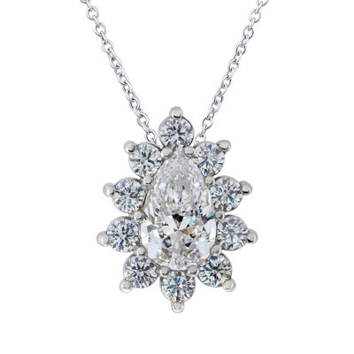 Pompeii3 1/2Ct Pear Shape Halo Lab Created Diamond Pendant Necklace in White or Yellow Gold