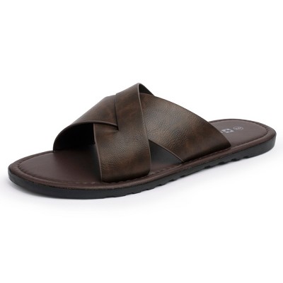 Alpine Swiss Hugo Mens Vegan Leather Slide Sandals Dressy Comfy Indoor Outdoor Shoes Cross Strap Design for Casual Elevated Wear Anti-Slip Flip Flops