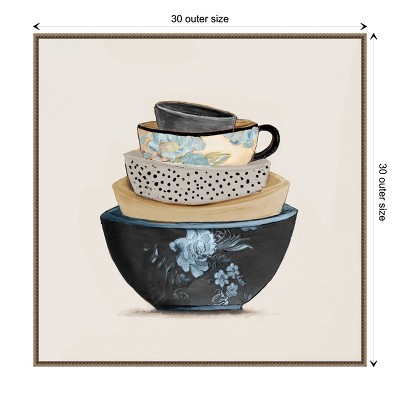 Stacked Blue and Beige Bowls Framed Canvas Wall Art