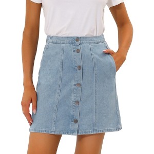 Allegra K Women's Elastic Back Short Button Down Denim Skirts with Pockets - 1 of 4