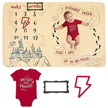 Harry Potter Baby Bodysuit and Monthly Milestone Blanket 4 Piece Newborn
