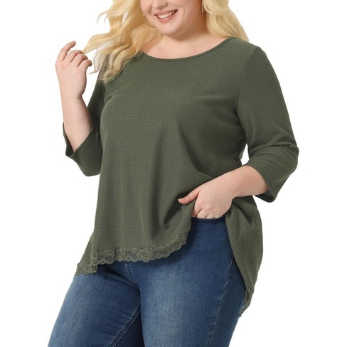 Agnes Orinda Women's Plus Size Waffle 3/4 Sleeve Lace Panel High Low Hem  Round Neck Blouse Army Green 4X