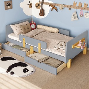 KWPZQEB Twin/Full Size Montessori Floor Bed, Kids Platform Bed with Small Shelf & Hooks, Wood Bed Frame with 2 Storage Drawers, No Box Spring Needed - 1 of 4