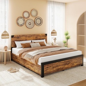 Bed Frame with 4 Storage Drawers, Stylish and Strong Metal Platform Bed with Wooden Headboard - 1 of 4