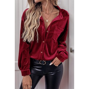 V For City Women's Velvet Collared Lantern Sleeve Button Down Shirts - 1 of 4