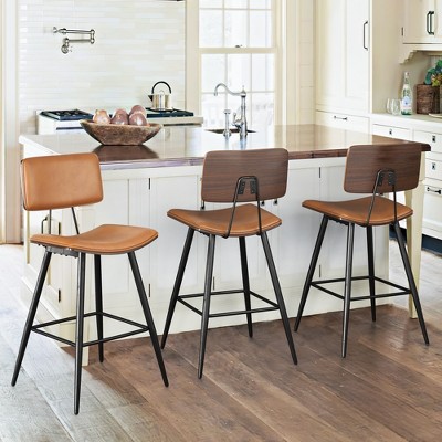 Bentwood Counter Height Bar Stool Set of 3, PU Leather Upholstered Barstools with Back, Bar Chairs 24.5 Inch