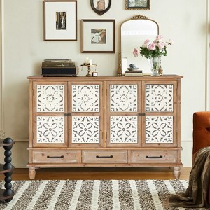 VYNXARIA 59" Chic Natural Wood Accent Cabinet - 4 Doors & 3 Drawers, Stylish Storage Solution - 1 of 4