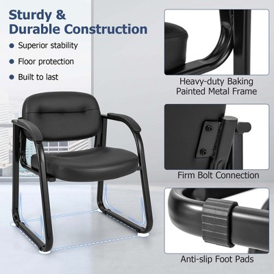 Black Leather and Metal Fixed Arm Conference Chairs, Set of 4
