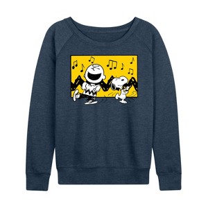 Women's - Peanuts - Charlie And Snoopy Dance Time Lightweight French Terry Wide Neck Long Sleeve Graphic Shirt - 1 of 4