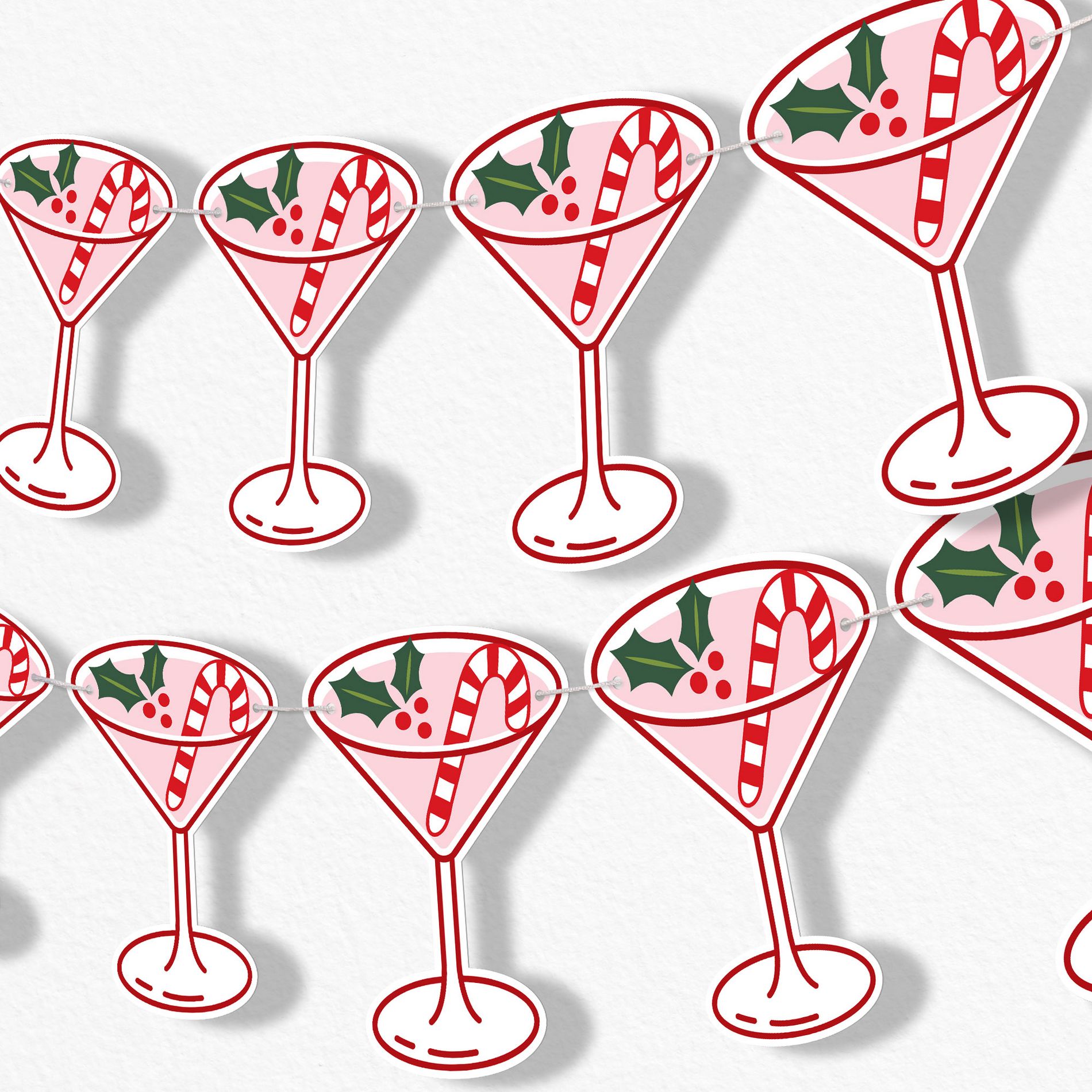 Big Dot of Happiness A Tini Bit Merry Garland Banner, Christmas Cocktail Decor Holiday  30 Feet of Cord, 15 Double-Sided Candy Cane Martini Glasses