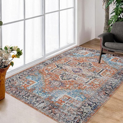Acekool Boho Washable Rug 5x7 Non-Slip Vintage Runner for Living Room & Bedroom, Soft Low-Pile Carpet in Green/Grey/Orange Brown