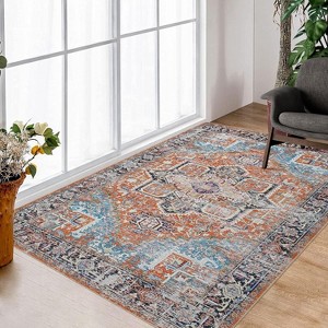 Acekool Boho Washable Rug 5x7 Non-Slip Vintage Runner for Living Room & Bedroom, Soft Low-Pile Carpet in Green/Grey/Orange Brown - 1 of 4