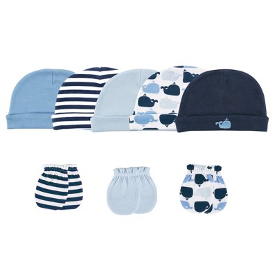 Image of Luvable Friends Baby Boy Cotton Caps and Scratch Mittens 8pk, Whale, 0-6 Months