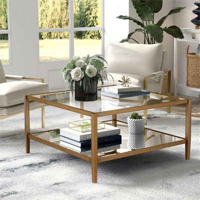 Modern Square Coffee Table in Brass and Gold with Mirrored Shelf - Henn&Hart : Target