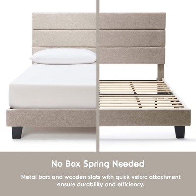 Beige Linen Upholstered King Platform Bed with Tufted Headboard