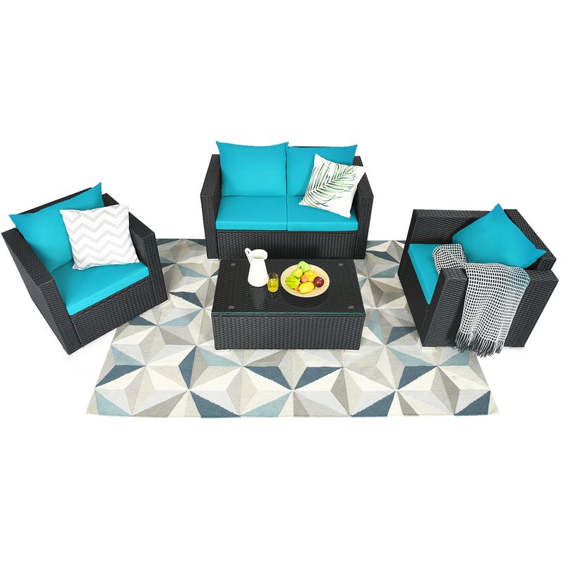 Tangkula 4PC Patio Rattan Wicker Conversation Furniture Set Sectional Sofa & Coffee Table, 3 of 8