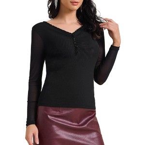 INSPIRE CHIC Women's Semi Sheer Long Sleeve Ruched V Neck Sequin Panel Casual Party Shirt - 1 of 4