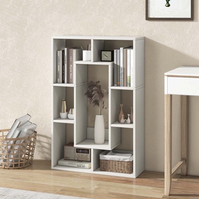 White Geometric 7-Cube Wood Bookshelf with Anti-Toppling Device