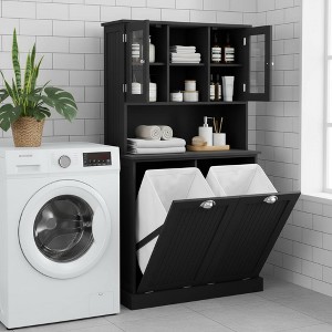 Homy Casa Tall Bathroom Cabinet with Upper Storage Shelves and Dual Tilt-Out Laundry Hampers, Black - 1 of 4