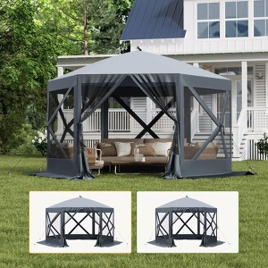 10x10ft Camping Gazebo, Portable Pop Up Canopy Outdoor Screen Tent 6 Sided with Mesh Windows and Carry Bag for Camping, Picnic, Backyard Party - 1 of 4